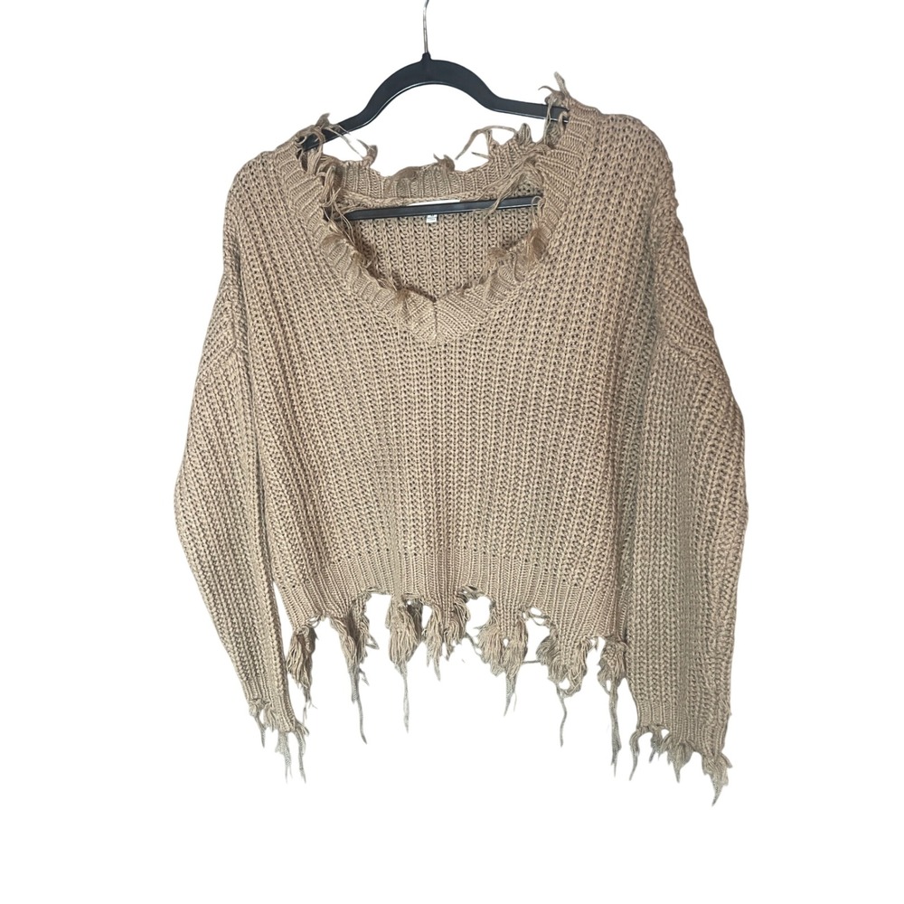 Love Tree Distressed V-Neck Cropped Sweater Tan W9045 Grunge Frayed Knit Medium